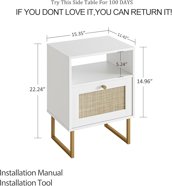 Masupu Rattan Nightstand,Modern Boho Farmhouse Wood Bedside Table with Storage Drawer and Open Shelf,Small Gold Frame Side End Table for Bedroom,Living Room,Office(White)