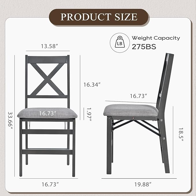 COLAMY Folding Dining Chairs Set of 2 – Dark Grey Upholstered Dining Room Chairs with Wooden Frame, Pre-Assembled, Space Saving Modern Kitchen & Dining Room Furniture for Small Spaces