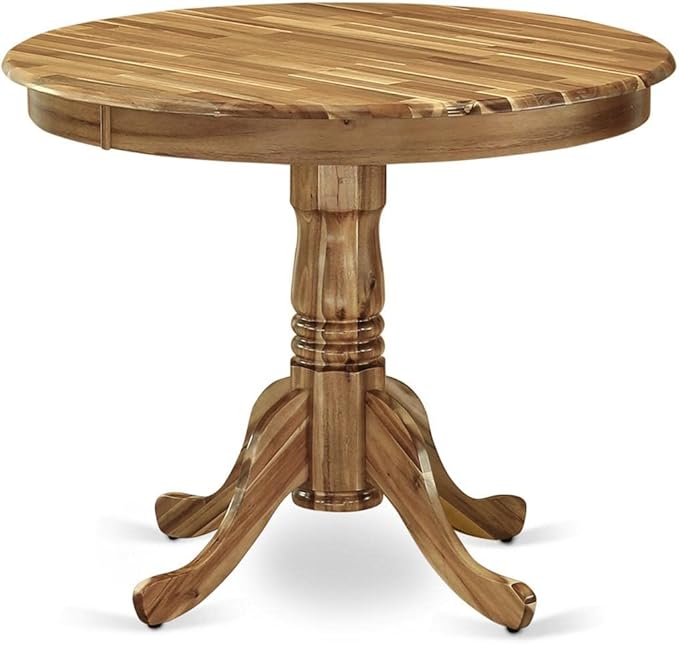 East West Furniture ANGA3-ANA-03 3 Piece Dining Table Set for Small Spaces Contains a Round Kitchen Table with Pedestal and 2 Brown Linen Fabric Parsons Chairs, 36x36 Inch, Natural