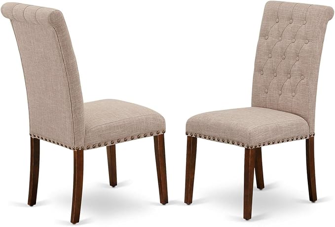 East West Furniture OXBR3-MAH-04 3 Piece Dining Room Furniture Set Contains a Square Dining Table and 2 Light Tan Linen Fabric Upholstered Chairs, 36x36 Inch, Mahogany