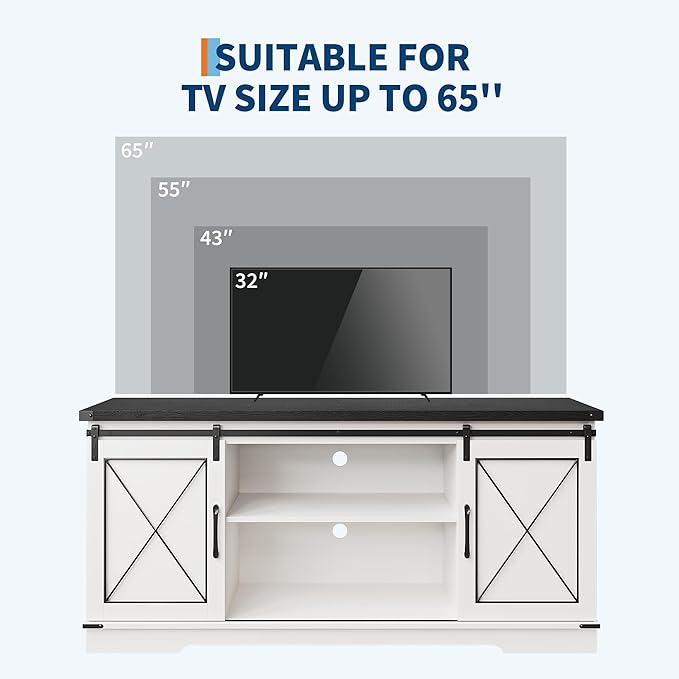 CABIHOME Farmhouse TV Stand and Entertainment Center for TV Up to 65 Inches with Sliding Barn Doors and Adjustable Shelf, TV Media Storage Console Table and Furniture for Living Room, Bedroom, White