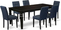 East West Furniture LGAS7-BLK-09 7 Piece Dining Table Set Consists A Wooden Table and 6 Dark Navy Blue Polyester Fabric Modren Dining Chairs with Stylish Back- Black Finish