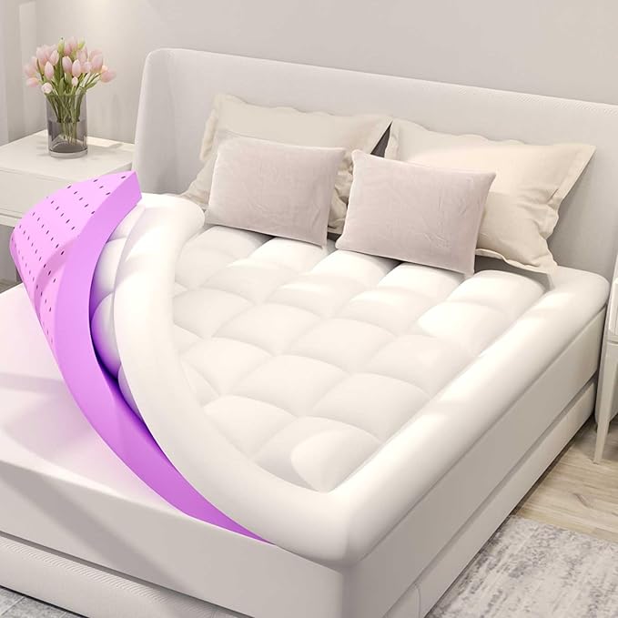 BDEUS Dual Layer 5 Inch Memory Foam Mattress Topper California King Size, 2 Inch Gel Memory Foam Plus 3 Inch 1450 GSM Down Alternative Quilted Pillow Top Mattress Pad Cover,White