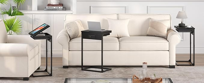 C Shaped End Table with Charging Station,45° Tiltable Adjustable Flip Top Side Table Set of 2,Small C Table Set 2 for Small Spaces,Slide Under Couch Sofa Bedside Table Living Room, Black