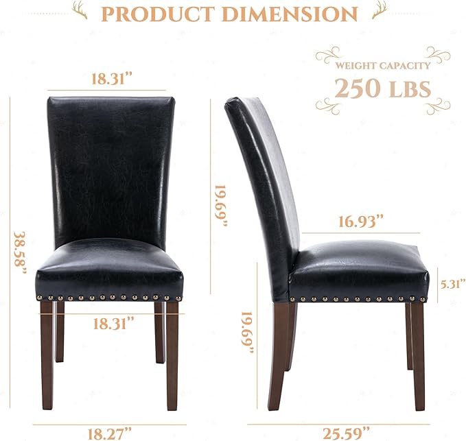 Parsons Dining Chairs Set of 2, Upholstered Nailhead PU Leather Dining Room Kitchen Side Chair with Thick Cushions and Wood Legs, Black