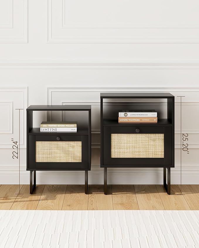 Rattan Nightstand, Mid Century Modern Night Stand,Boho Farmhouse Wood Bedside Table with Storage and Open Shelf, End Side Accent Table for Bedroom,Living Room,Black