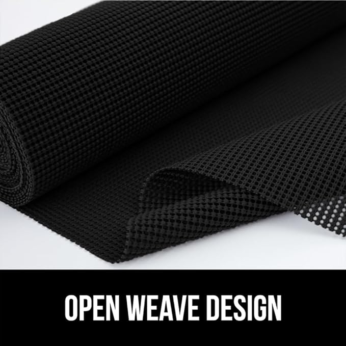 GORILLA GRIP powerGRIP Drawer Shelf and Cabinet Liner, Thick Strong Hold, Non-Adhesive Liners Protect Kitchen Cabinets and Cupboard, Bathroom Drawers, Easy Install, Breathable Mat, 17.5" x10', Black