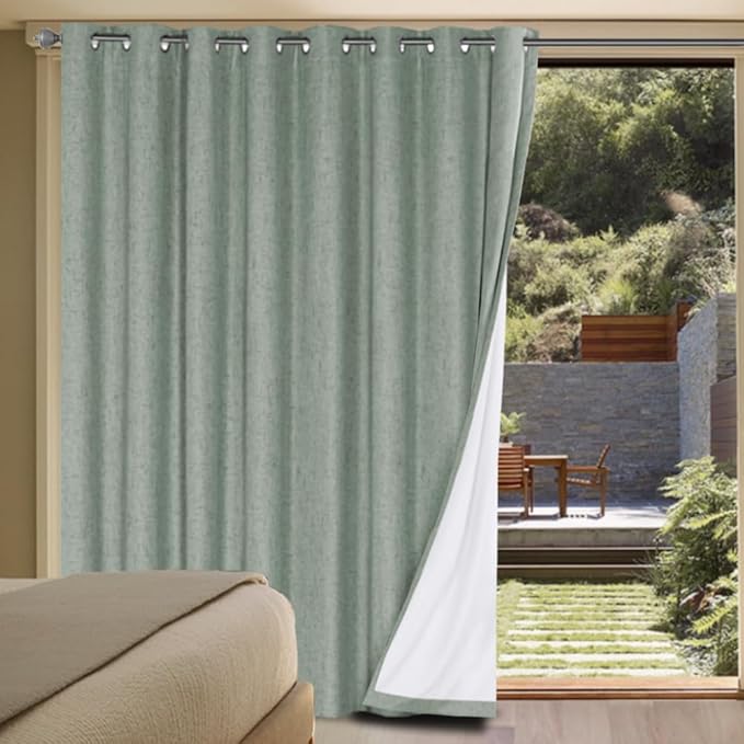 H.VERSAILTEX White Linen Blackout Curtains Durable Thick Textured Linen Look 100% Blackout Patio Door Curtain Anti Rust Grommet Extra Wide Sliding Door Curtain Panel, W100 x L108 inch, Green Bay