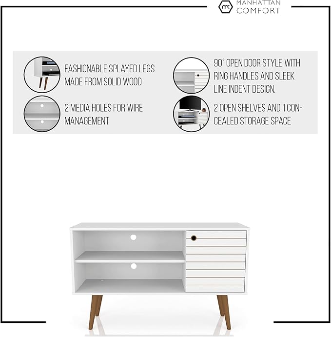 Manhattan Comfort Liberty Mid Century Modern TV Stand for Televisions up to 46 Inches, Bedroom and Living Room Entertainment Center with Storage, Shelves, and Cabinet, 43" Wide, White/Rustic Brown