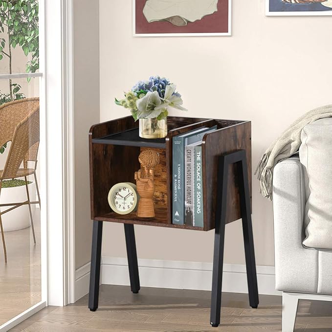 VECELO Nightstand Set of 2,Industrial End Table,Bedside Table with 2-Tier Open Storage Shelves,Wood Side Table with Metal Frame for Bedroom, Living Room,Small Spaces