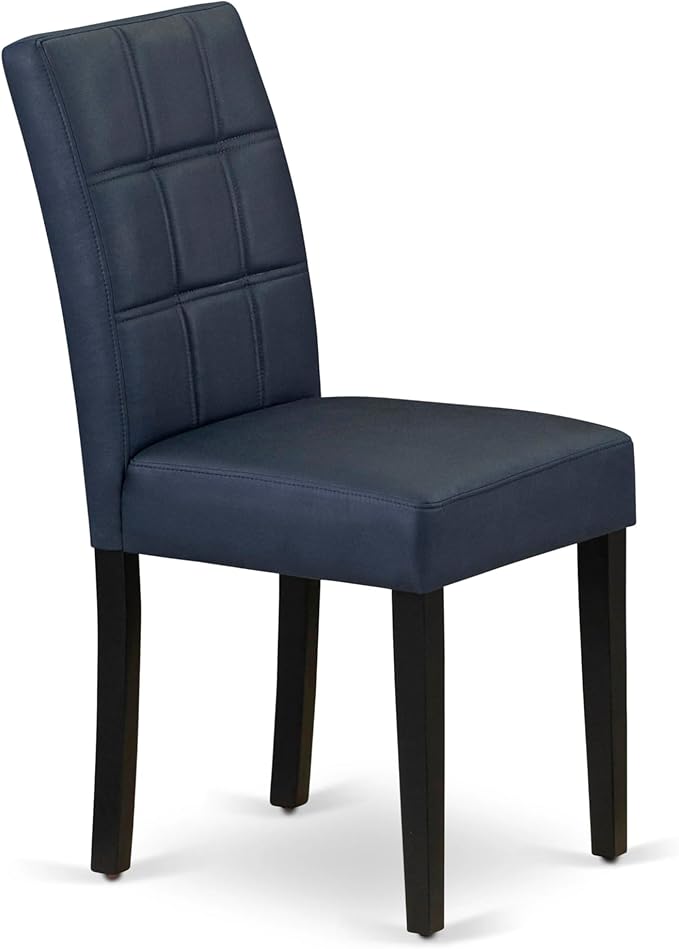 East West Furniture DLAS3-BLK-09 3 Piece Dining Table Set consists A Wood Table and 2 Dark Navy Blue Polyester Fabric Parson Dining Chair with Stylish Back- Black Finish