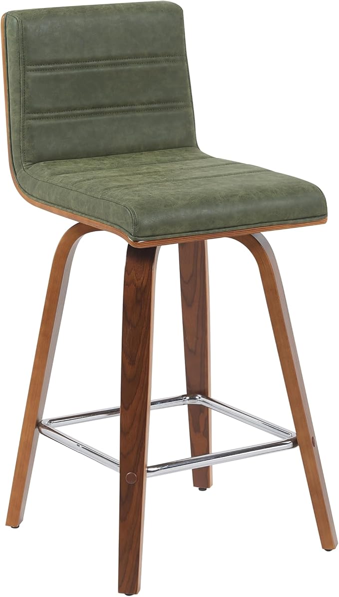 Armen Living Vienna Modern Swivel 26" Counter Height Barstool with Vintage Green Faux Leather and Walnut Wood Finish