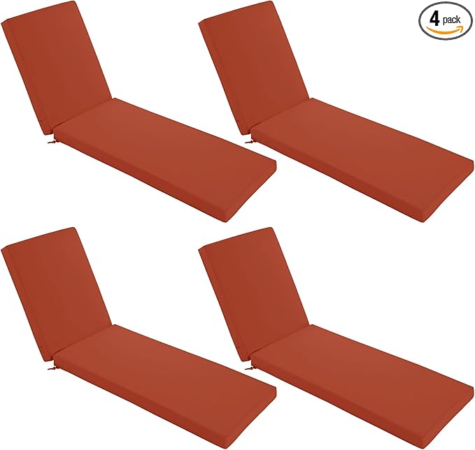 Chaise Lounge Cushions Outdoor Set of 4 - Waterproof and Fade Resistant Sun Lounger Replacement Cushions - Patio Lounger Pads with Removable Cover for Pool, Deck, 72 x 21 x 3 Inch, Rust