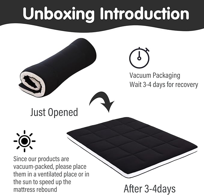Tiita Memory Foam Mattress Topper Twin Size, 4" Thicken Futon Mattress with Storage Bag and 2 Straps, Portable Roll Up Travel Car Camping Mattress Floor Sleeping Pad, Black