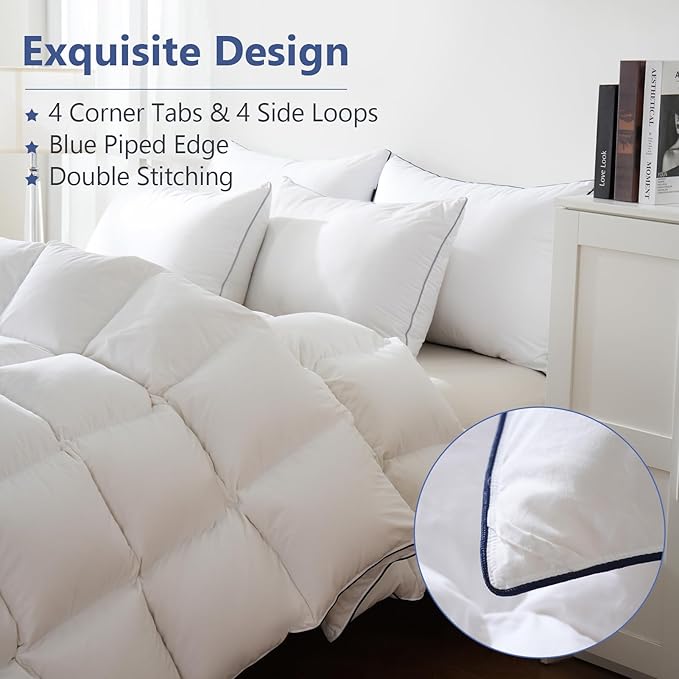 DOWNCOOL Feather Comforter Oversized Queen, 100% Cotton White Duvet Insert, All Season Ultra Soft Hotel Collection Bedding Comforters with Corner Tabs, Oversized Queen Size 98 x 98 Inch