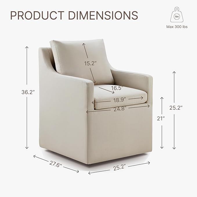 Upholstered Dining Chairs with Casters Washable Cover Side Deskchair with Rollers for Diningroom, Living Room, Flax Beige, 1 Box