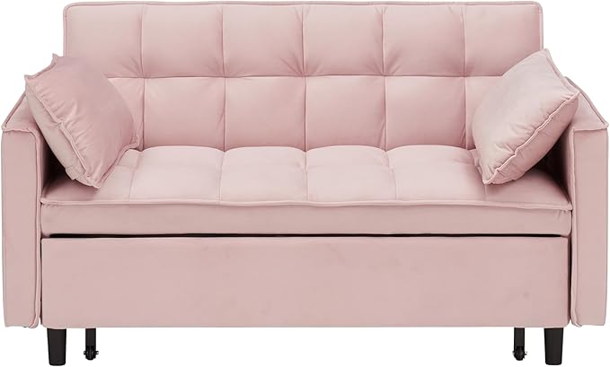 Ball & Cast Convertible Sofa Bed,Loveseat Sleeper Sofa W/Pull-Out Bed&2 Pillows,Convertible Pull Out Couch W/Adjustable Backrest&Side Pocket,Velvet Futon Couches for Living Room,Apartment,Pink,55"