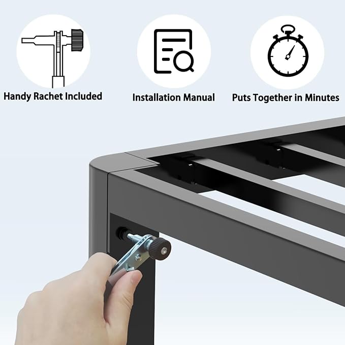 FUIOBYVV 16 Inch Full Bed Frame with Rounded Corner and Headboard Hole Mattress Retainers 3500 LBS Metal Heavy Duty Steel Slats Support No Box Spring Needed Platform Noise Free Easy Assembly