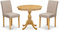 East West Furniture AMAB3-OAK-04 3 Piece Dining Set Contains a Round Kitchen Table with Pedestal and 2 Light Tan Linen Fabric Parson Dining Room Chairs, 36x36 Inch, Oak