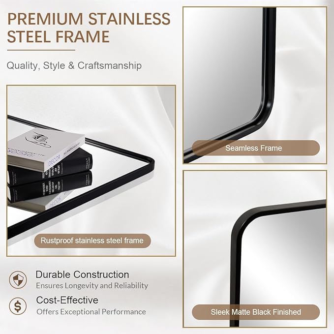 ANDY STAR Mirror for Bathroom 24X36 Inch, Matte Black Mirror Rounded Rectangle Mirror Metal Tube Framed Wall-Mounted Vertically/Horizontally