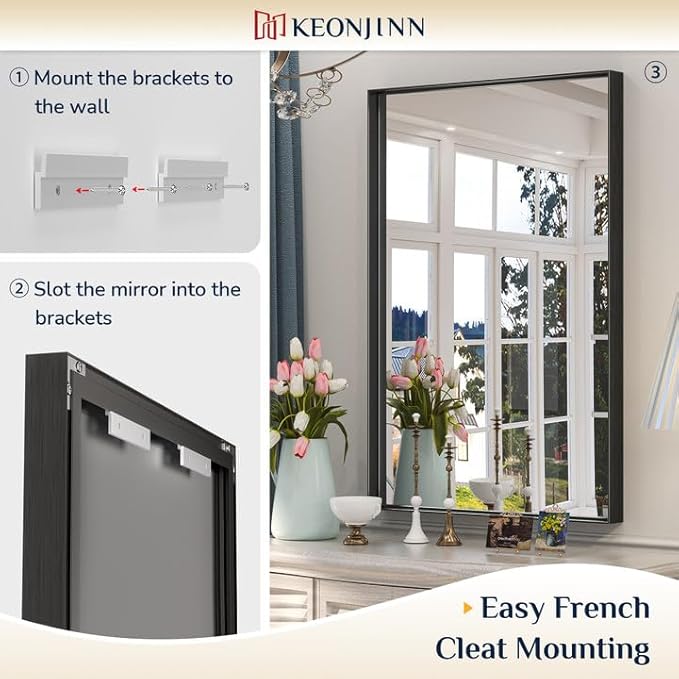 Keonjinn Black Bathroom Mirror 16 x 20 Inch Metal Framed Matte Black Mirror, Rectangular Wall Mount Mirror Square Corner Modern Farmhouse Bathroom Vanity Mirror for Over Sink(Horizontal/Vertical)