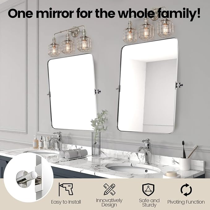MOON MIRROR Polished Chrome Pivot Mirror for Bathroom, Tilt Bathroom Vanity Rounded Rectangle, Overall 28.33 x 36 in (Mirror 24x 36 in)