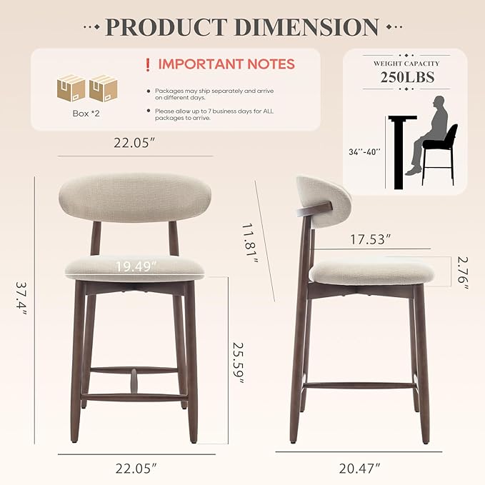 COLAMY Counter Height Bar Stools Set of 4, Kitchen Bar Stools with Back, Mid Century Modern Upholstered, with Wood Legs for Kitchen Island Dining Room, Beige
