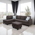 Dark Brown L-Shaped 3-Piece Flannel Sofa with Storage Ottoman Set, Sectional Couch Sofa Set for Living Room, Office, Small Space