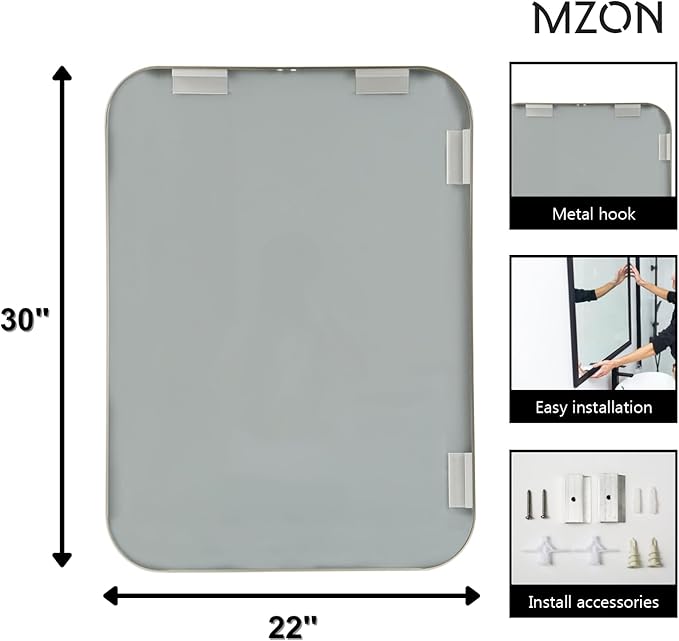 MZON 22x30Inch Brushed Nickel Bathroom Mirror, Rectangle Wall Mounted Mirror for Bathroom or Entryway, Anti-Rust Frame & Tempered Glass, Hangs Horizontally/Vertically - Farmhouse or Bathroom Decor