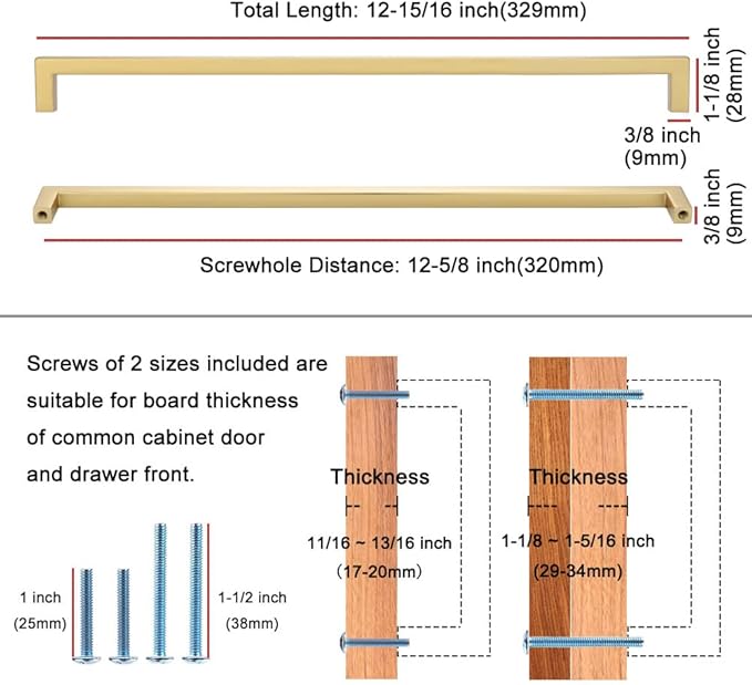 KOOFIZO Solid Square Bar Cabinet Handle - Brushed Gold Furniture Pull, 12.6 Inch/320mm Screwhole Distance, 1-Piece for Kitchen Cupboard Door, Bedroom Dresser Drawer, Bathroom Wardrobe Hardware