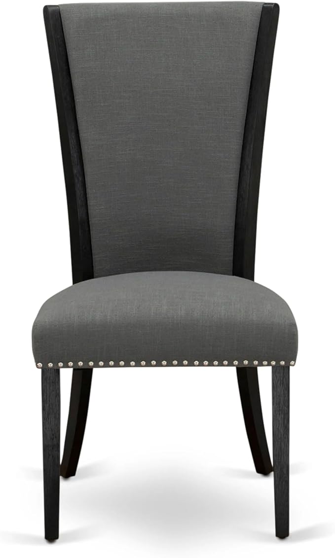 X07VE-B06-50 - 9-Pc Dining Room Table Set a Rectangular Dining Table and wooden Benches and 7 Dark Gotham Grey Linen Fabric Dining Chair, 39x120 Inch, Wire Brushed Black