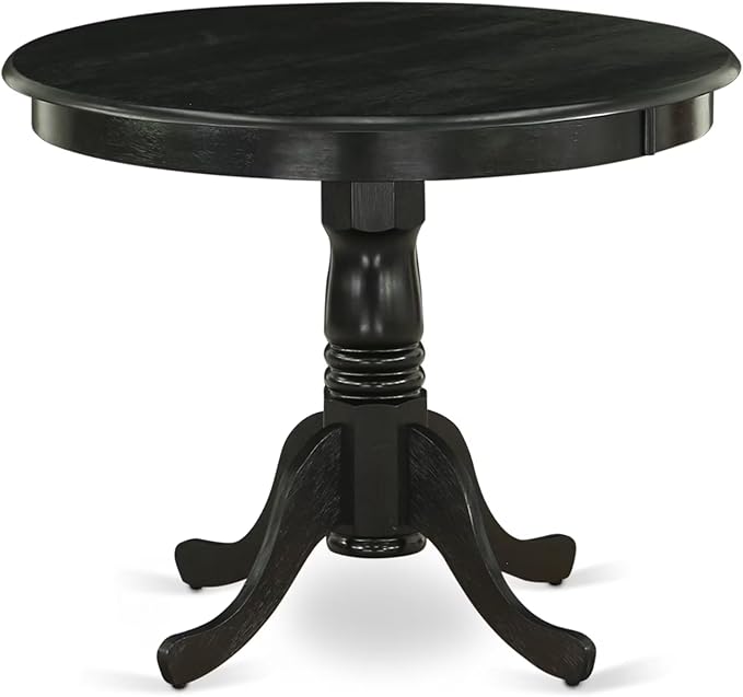 East West Furniture ANGA5-ABK-24 5 Piece Dining Table Set for 4 Includes a Round Kitchen Table with Pedestal and 4 Black Linen Fabric Parsons Dining Chairs, 36x36 Inch, Wirebrushed Black