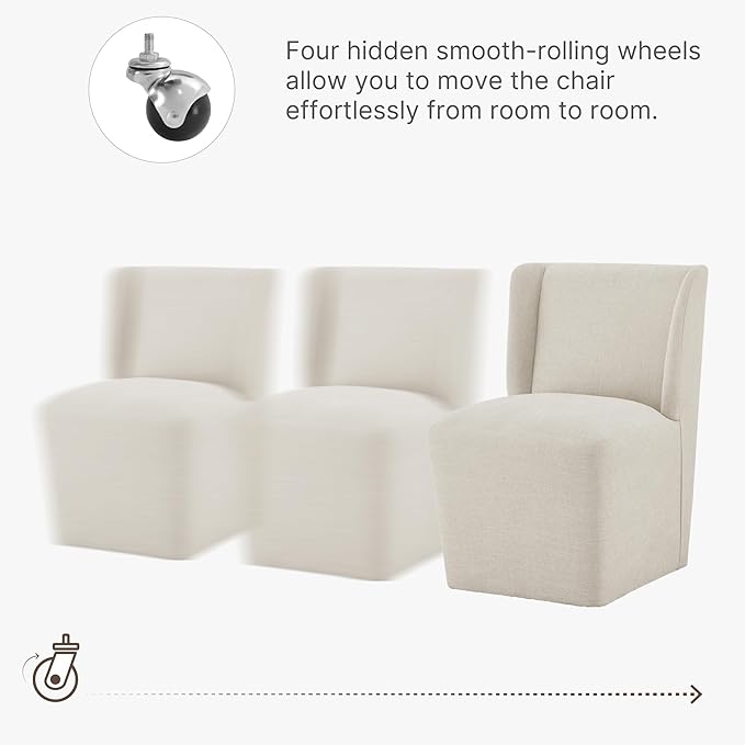 Upholstered Dining Chair with Casters Wingback Modern Side Armless Deskchair with Rollers for Diningroom Bedroom Livingroom Reading Room,Cream Beige,4 Box