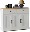 Farmhouse Large Buffet Sideboard Storage Cabinet 42 Inch with Adjustable Shelf, Drawers, and Sliding Barn Doors, Wooden Coffee Bar Kitchen Table for Entryway, Dining Room, and Living Room