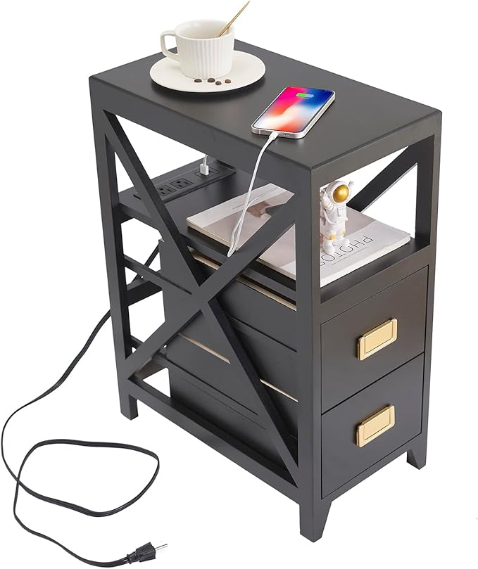 Fully Assembled Narrow Side Table with Charging Station, No Assembly Narrow Nightstand with USB Ports, Pre Assembled Skinny End Table with Outlets for Living Room, Bedroom-Black
