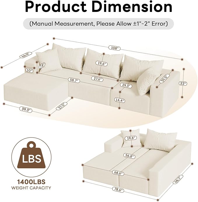 Vamcheer Modular Sectional Sofa with Chaise, Modern L Shaped Cloud Couch with Deep Seat, Sectional Couches for Living Room, Bedroom, Office, No Assembly Required, Cream