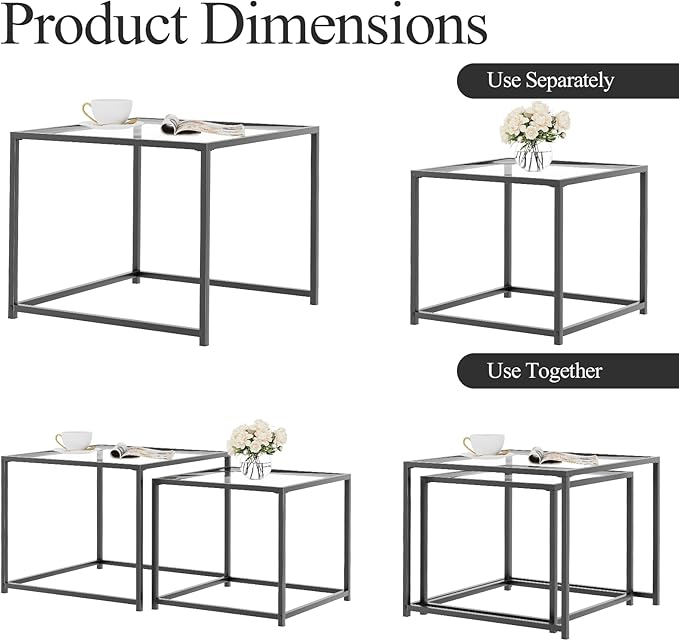 Garden 4 you Coffee Table Set of 2, Modern Glass Nesting Table, Metal Frame Square Center Table Set, Side Tables, Nesting Coffee Table for Living Room, Bedroom and Small Spaces, 23.6in Black