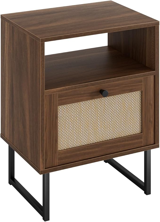 Masupu Rattan Nightstand,Modern Boho Farmhouse Wood Bedside Table with Storage Drawer and Open Shelf,Small Black Frame Side End Table for Bedroom,Living Room,Office (Walnut)