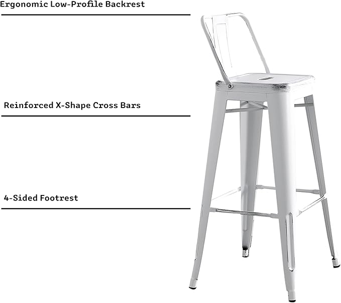 AC Pacific Modern Metal Barstool Set of 2 – Country Rustic Style with Low Back, Lightweight & Sturdy Build, Easy Assembly –, 30" Seat, Distressed White