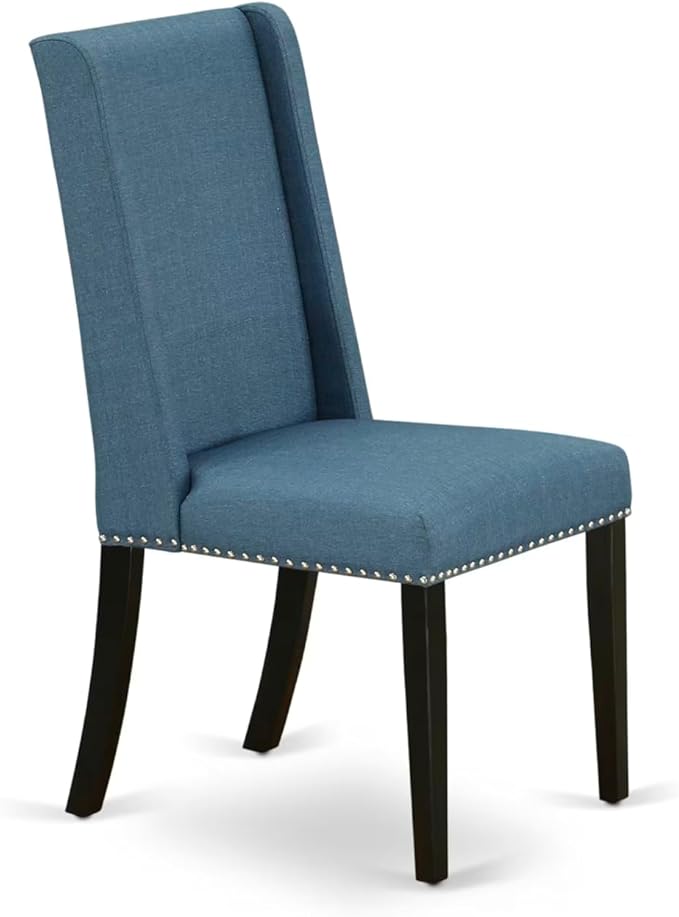 NKFL9-SBB-21-9-Piece Kitchen Table Set Consists of a Wooden Table and 8 Mineral Blue Linen Fabric Parson Chairs with Padded Chair Back - Sand Blasting Black Finish.
