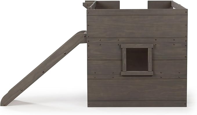 Max & Lily Loft Bed Twin Size, Solid Wood Low Loft Bed with Slide and Ladder, Modern Farmhouse Loft Bed for Kids, Driftwood