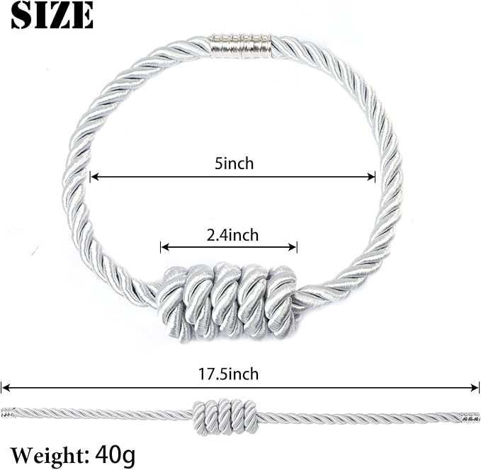 BEL AVENIR Magnetic Curtain Tiebacks, Decorative Drapery Holdbacks Modern Woven Tie-Backs with Exquisite Knot (Sliver, 4 Pack)