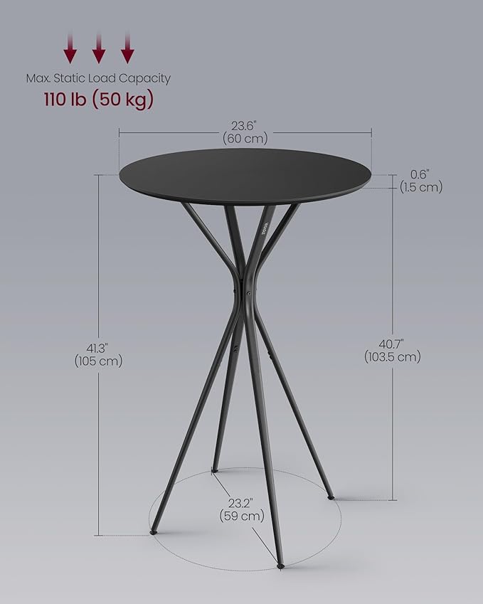 VASAGLE Bar Tables Set of 2, Round Cocktail High Top Pub Bistro Table for Events Party, Kitchen Dining, Home Bar, 23.6 x 23.6 x 41.3 Inches, Sturdy Metal Frame, Modern Style, Easy to Assemble, Black