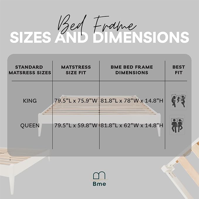 Bme Dinkee Signature Ivory White King Bed Frame Without Headboard - Modern & Minimalist Style with Acacia Wood - 12 Strong Wood Slat Support - Easy Assembly - No Box Spring Needed