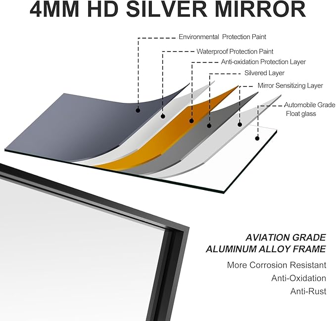 28x28 Inch Black Bathroom Mirror, Copper-Free Aluminum Alloy Frame Vanity Mirror, Rectangle Wall Mounted Modern Mirror for Bedroom/Living Room/Porch Horizontal or Vertical