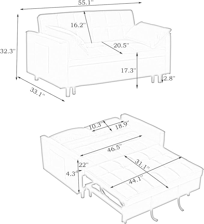 Ball & Cast Convertible Sofa Bed,Pull Out Loveseat Sleeper Sofa,Convertible Pull Out Couch W/2 Pillows,Adjustable Backrest & Side Pocket,Corduroy Futon Couches for Living Room,Apartment,Light Gray,54"