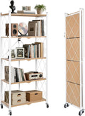 BAOYOUNI 5-Tier Vintage Industrial Bookshelf - No Assembly Folding Storage Shelf with Woodgrain Finish | Collapsible Metal Bookcase for Living Room, Office & Bedroom
