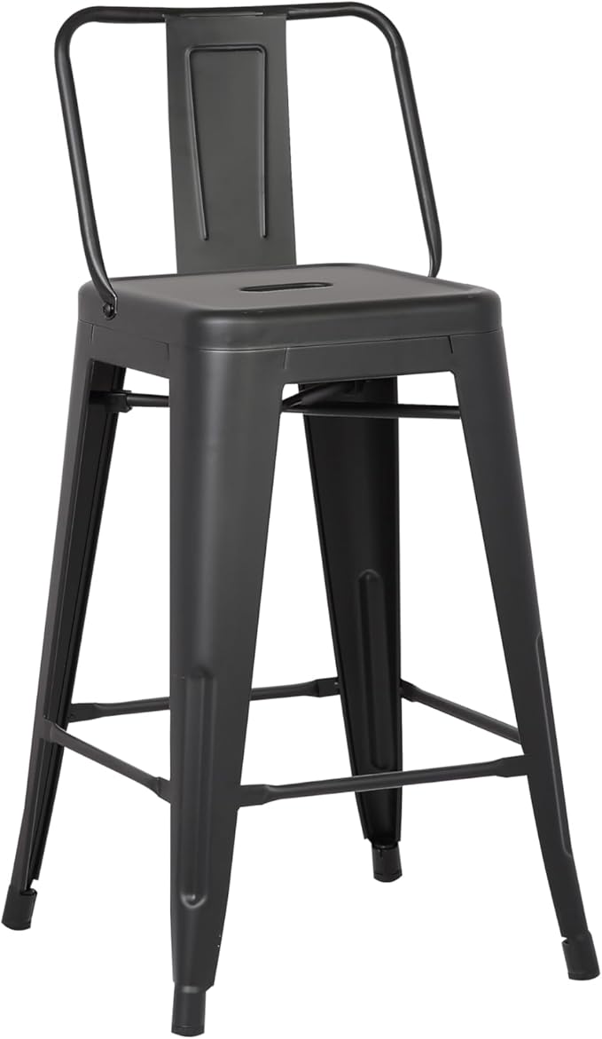 AC Pacific 24” Metal Barstool Set of 4 – Country Rustic Style with Low Back, Lightweight & Sturdy Build, Easy Assembly – Matte Black