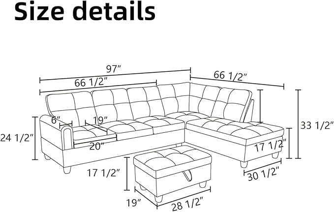 Sectional Couch with Otttoman, 97" L Shaped Couch Sectional Sofa for Living Room, Modern Modular Couches with Cup Holders for Bedroom, Apartments, Beige