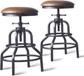 Diwhy Industrial Vintage Counter Stool, Kitchen Counter Height Adjustable Swivel Chair, Metal Frame Stool, 20.47-26.77 Inch, Fully Welded Base, Brown PU Upholstered, Set of 2